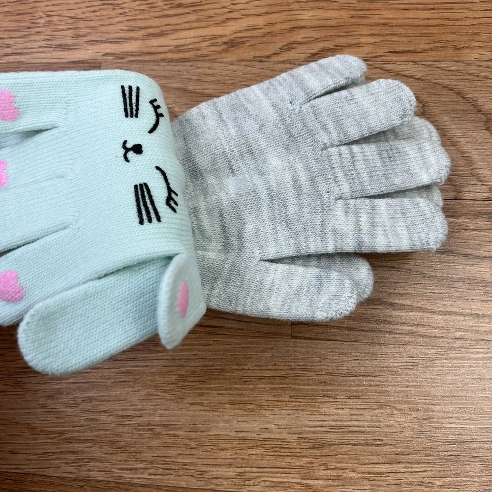 H&M Lot of 2 Pairs Girls Gloves Size 5t/7 Grey Green Cat‎ NEW